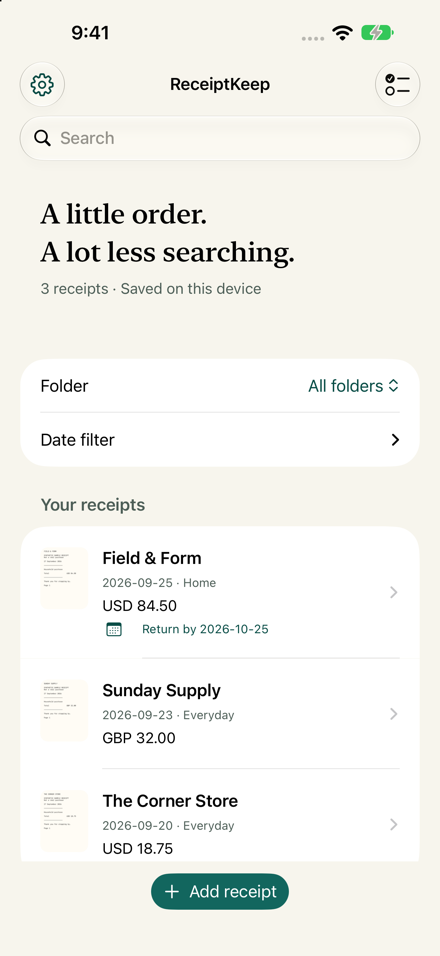 Receipt Sleeve on an iPhone, showing three synthetic receipts organized by folder and purchase date.